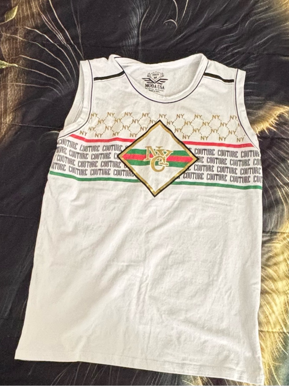 MOA USA White Tank Top with Red & Green Stripe and Gold Emblem